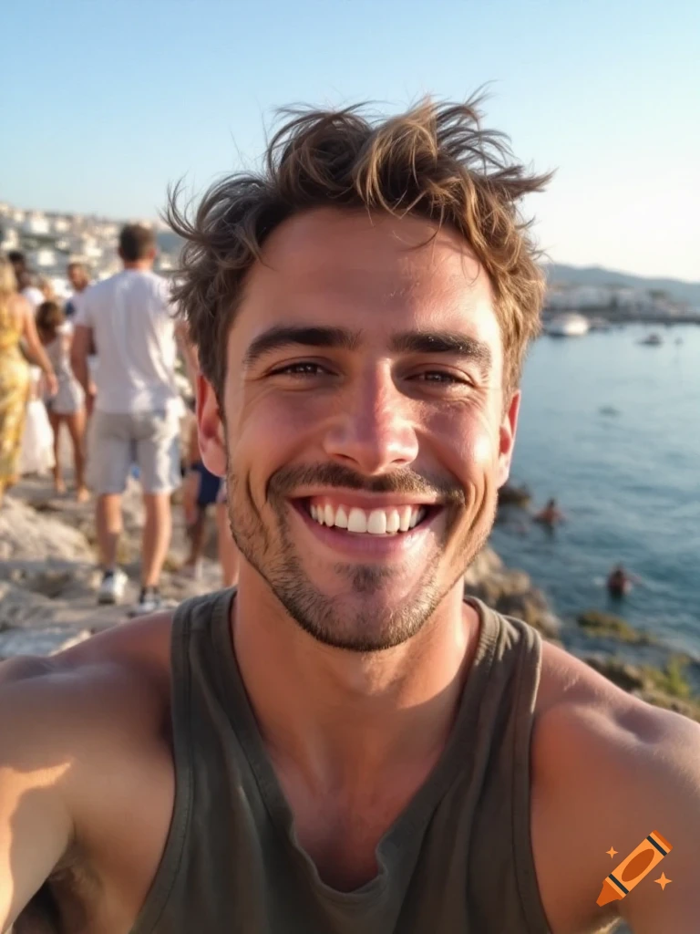 A smiling man takes a selfie in front of a crowd and the sea.