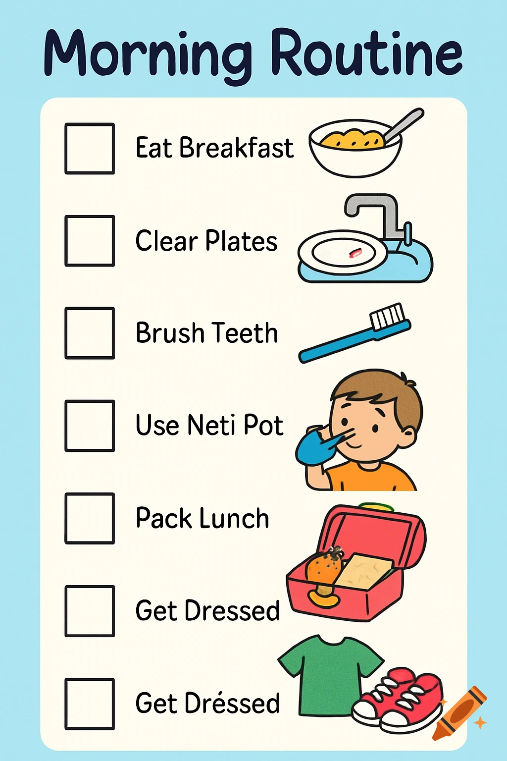 Cartoon morning routine chart for children with icons and text labels.