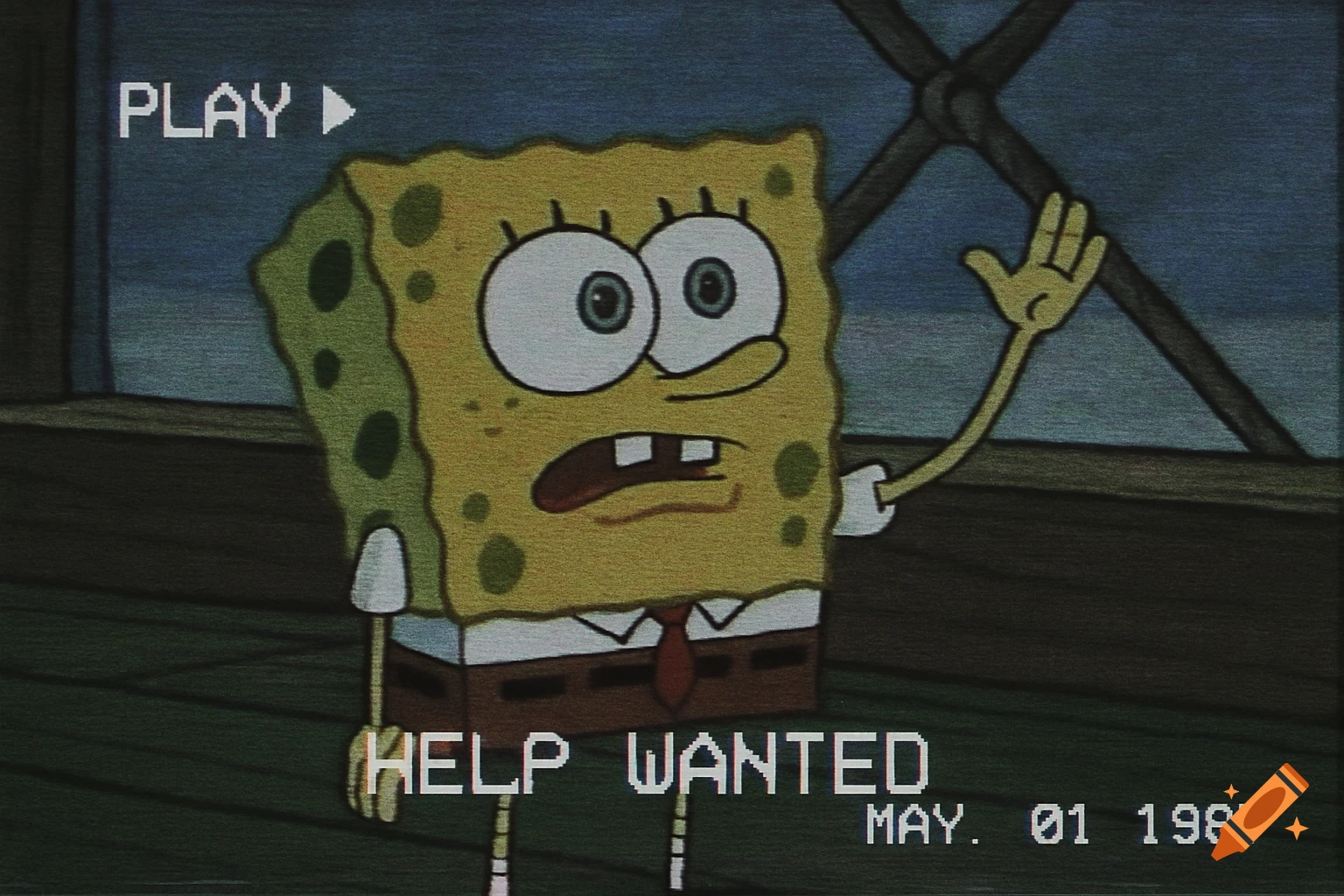 SpongeBob in VHS style with 'PLAY' and 'HELP WANTED' text overlay