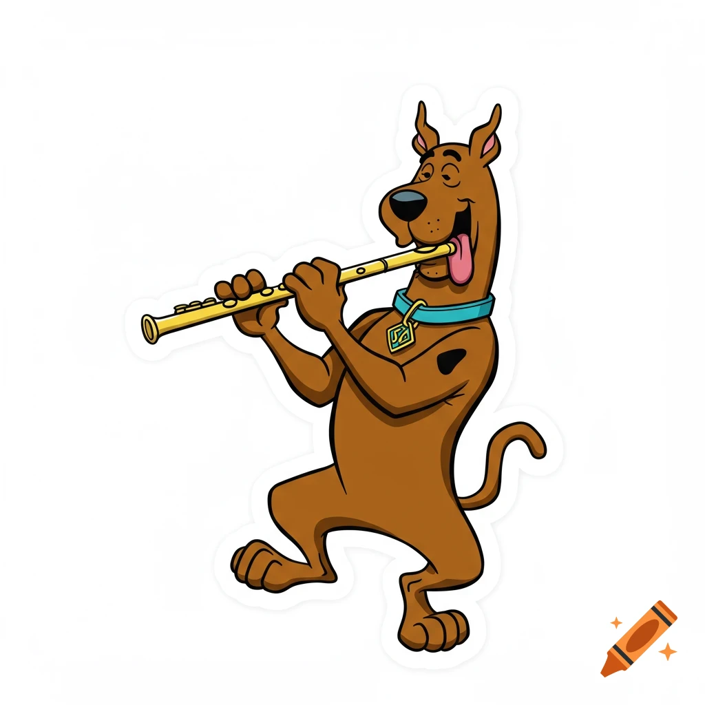 Scooby-Doo, a brown cartoon dog, playing a yellow flute as a sticker.