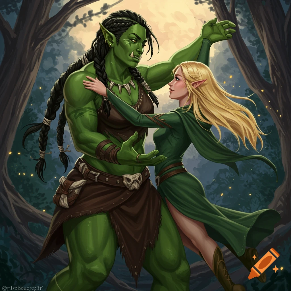 Orc woman dancing with an elf woman in a forest
