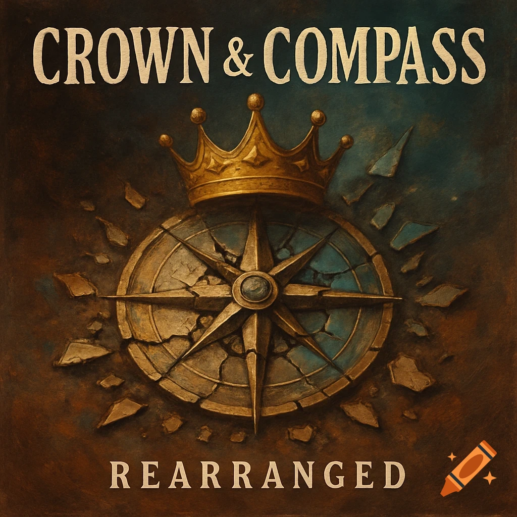 A golden crown floats above a cracked compass rose on a dark, textured background, with the text 'Crown & Compass' and 'Rearranged'.