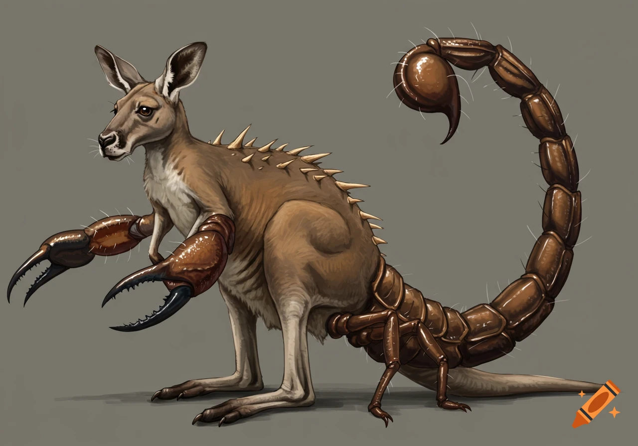 A hybrid creature with a kangaroo body, scorpion tail and claws, and echidna spikes.