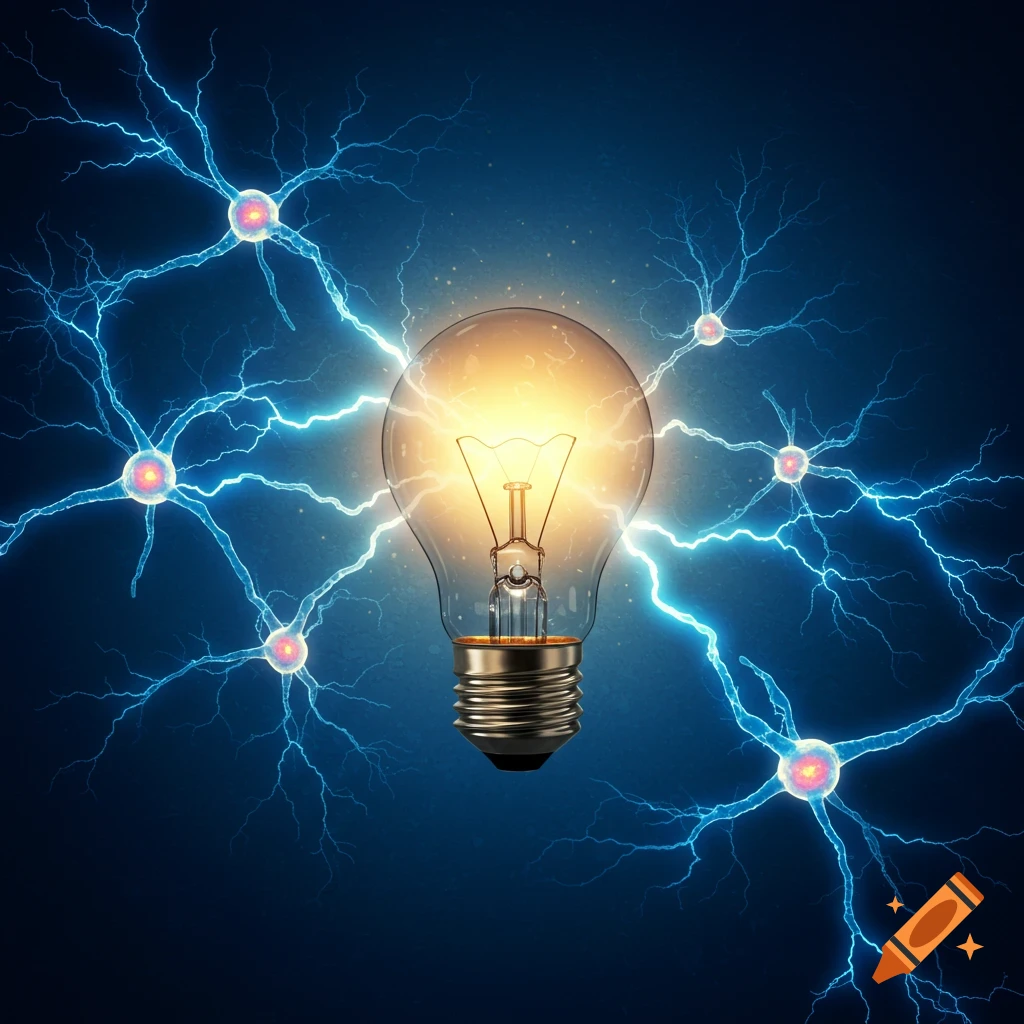 A glowing light bulb is connected by electrical discharges to neuron-like structures against a dark blue background.
