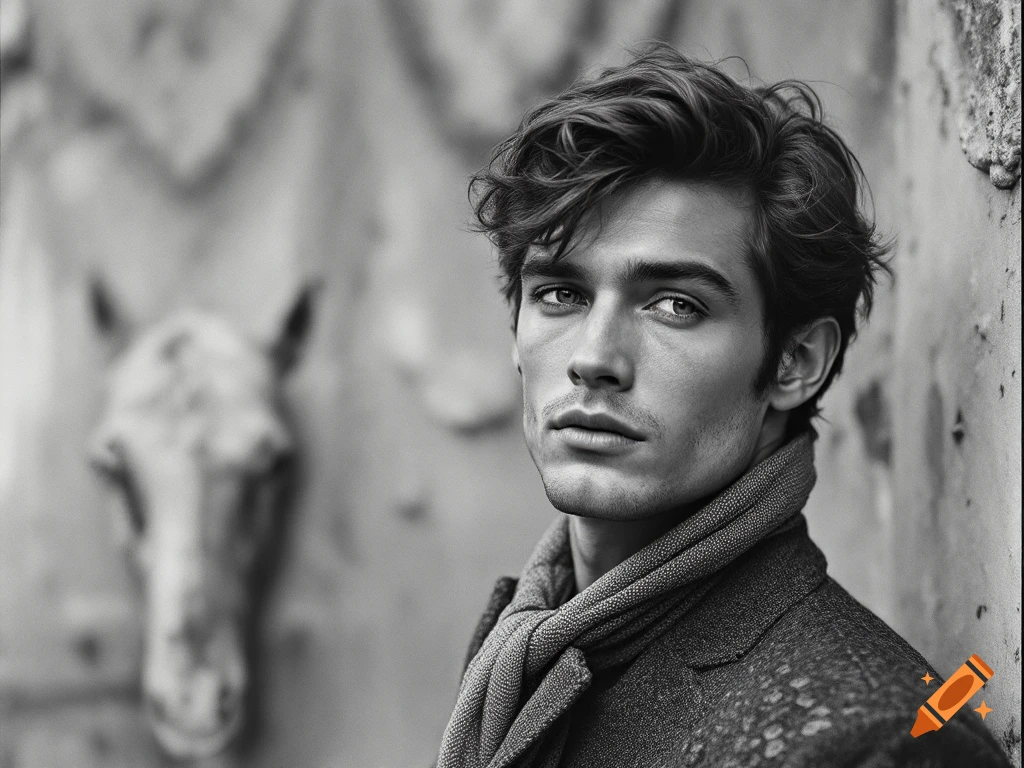 Black and white portrait of a man wearing a coat and scarf, with a blurred horse in the background.