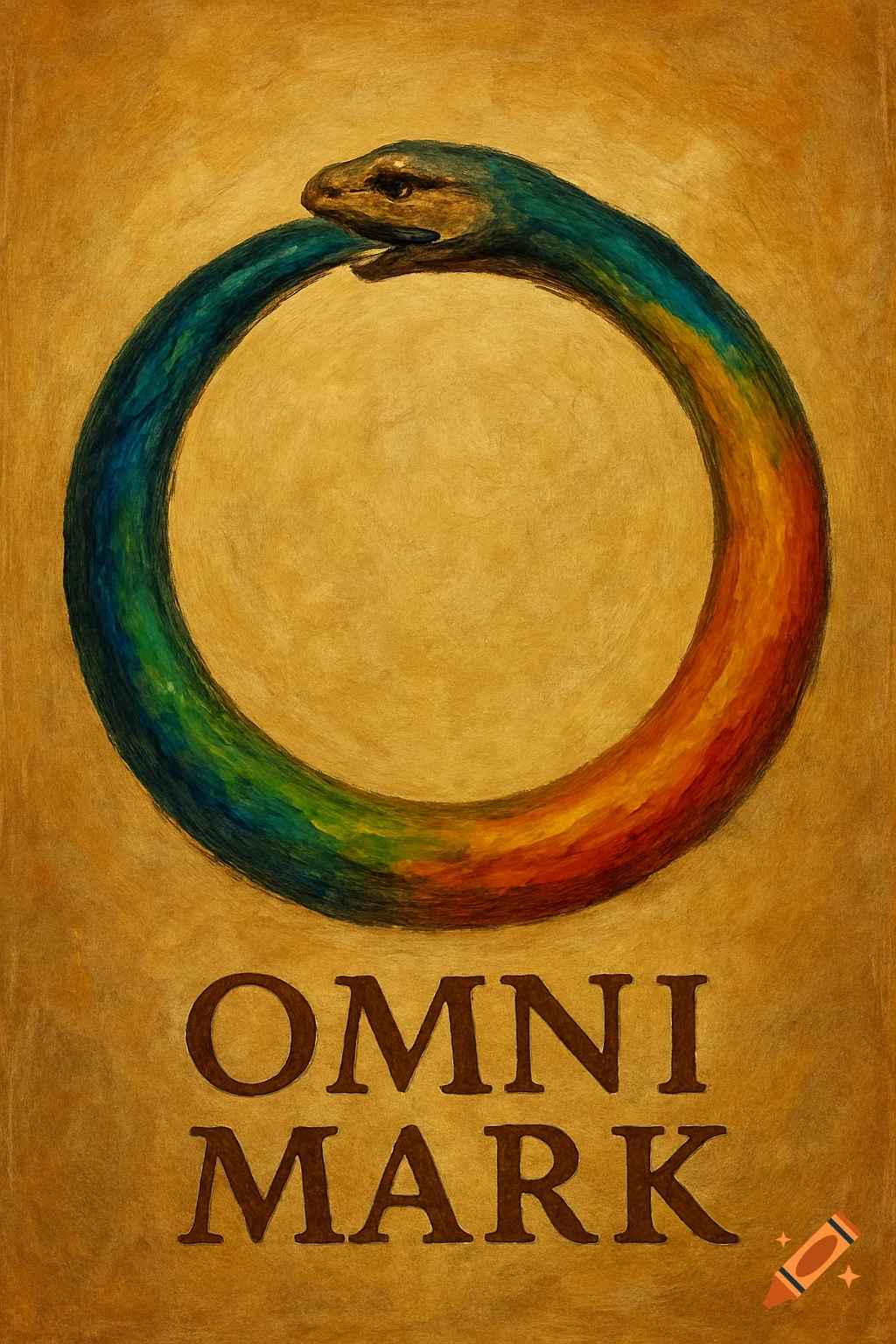 An Ouroboros snake symbol in teal, green, orange, and red, on a gold background, with the text 'OMNI MARK' below.