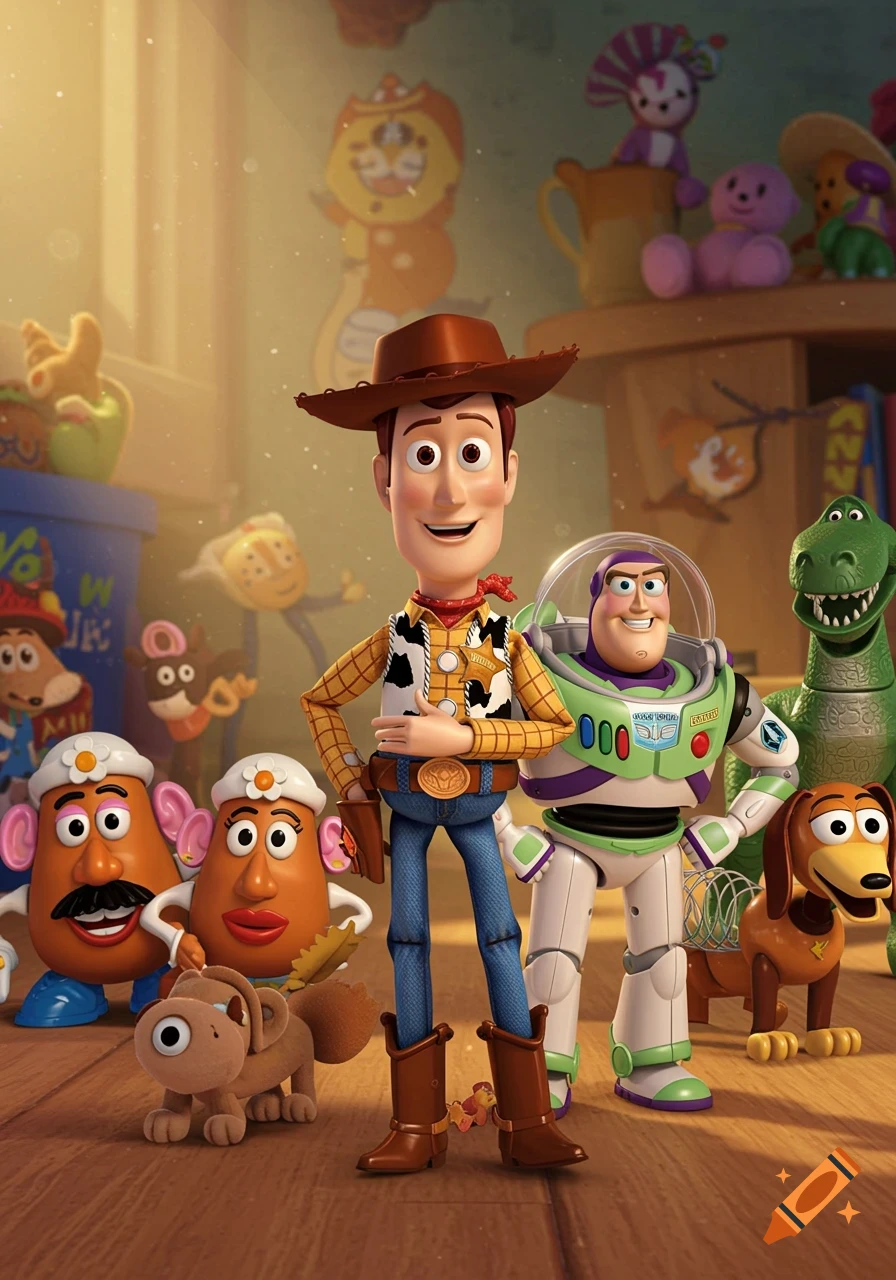 Woody and Buzz Lightyear stand with other Toy Story characters in a sunlit room.