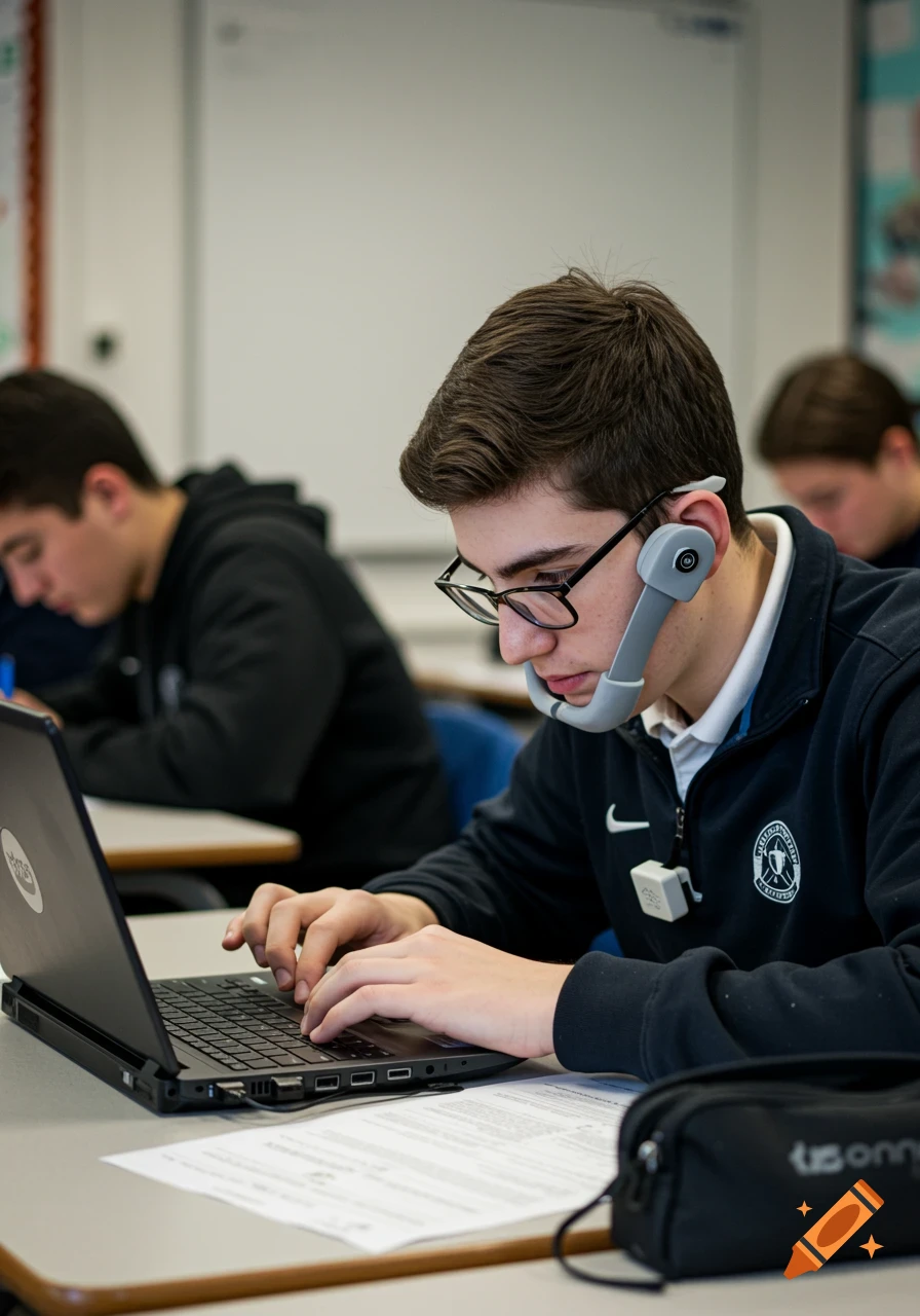 A high school student with a disability device uses a laptop in a classroom.