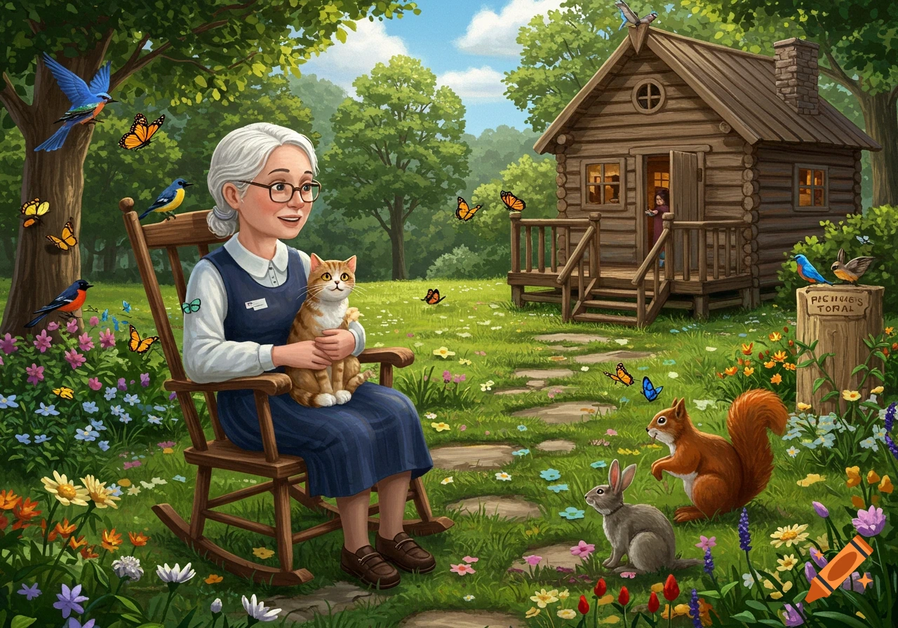An elderly woman in a rocking chair holds a cat in a garden with a log cabin, birds, butterflies, a squirrel, and a rabbit.