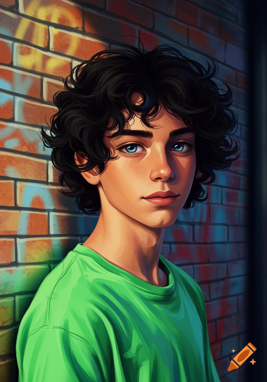 Illustrative portrait of a teenage boy with black curly hair and blue eyes in a green shirt against a graffiti brick wall.
