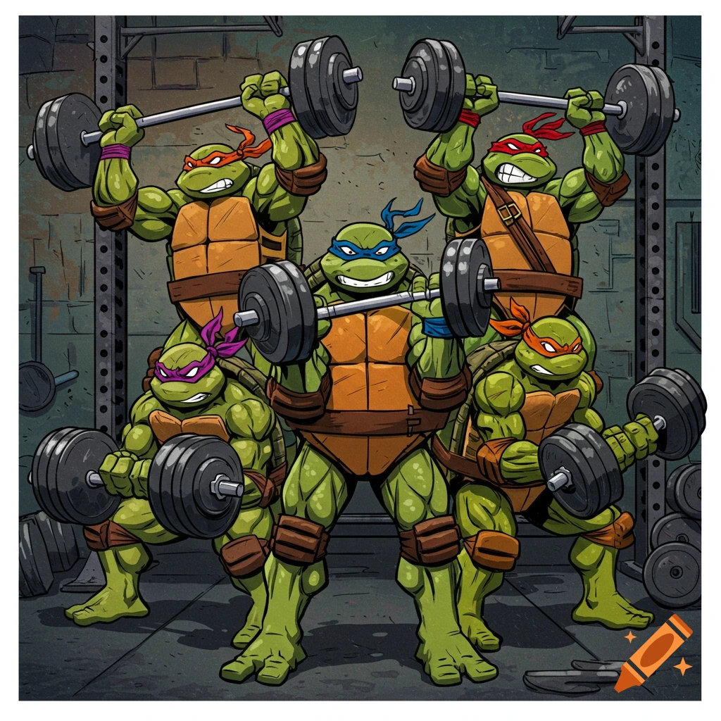 The four Teenage Mutant Ninja Turtles lifting weights in a gym.