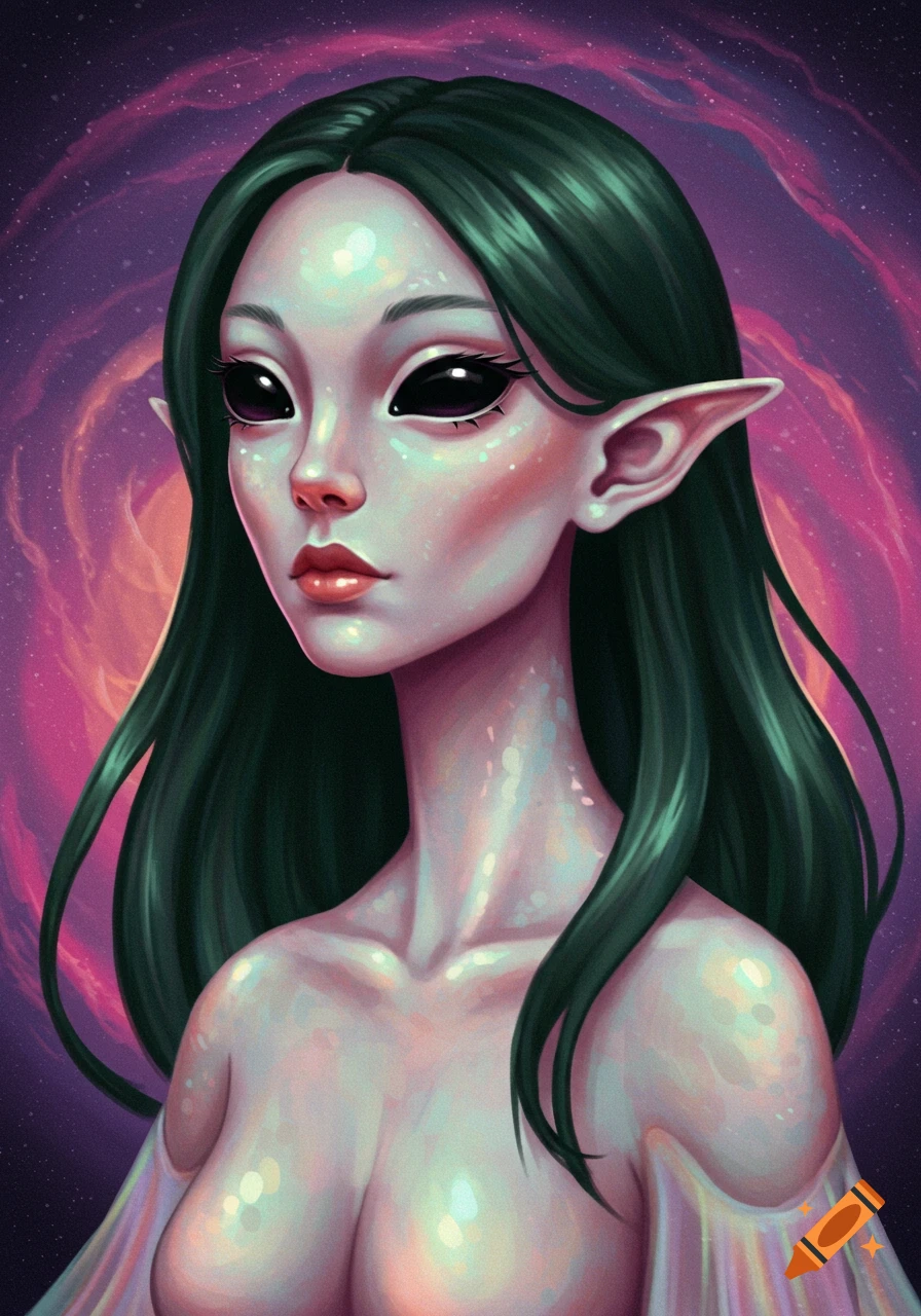 Digital painting portrait of an alien woman with large black eyes, pointed ears, and dark green hair, against a cosmic background.