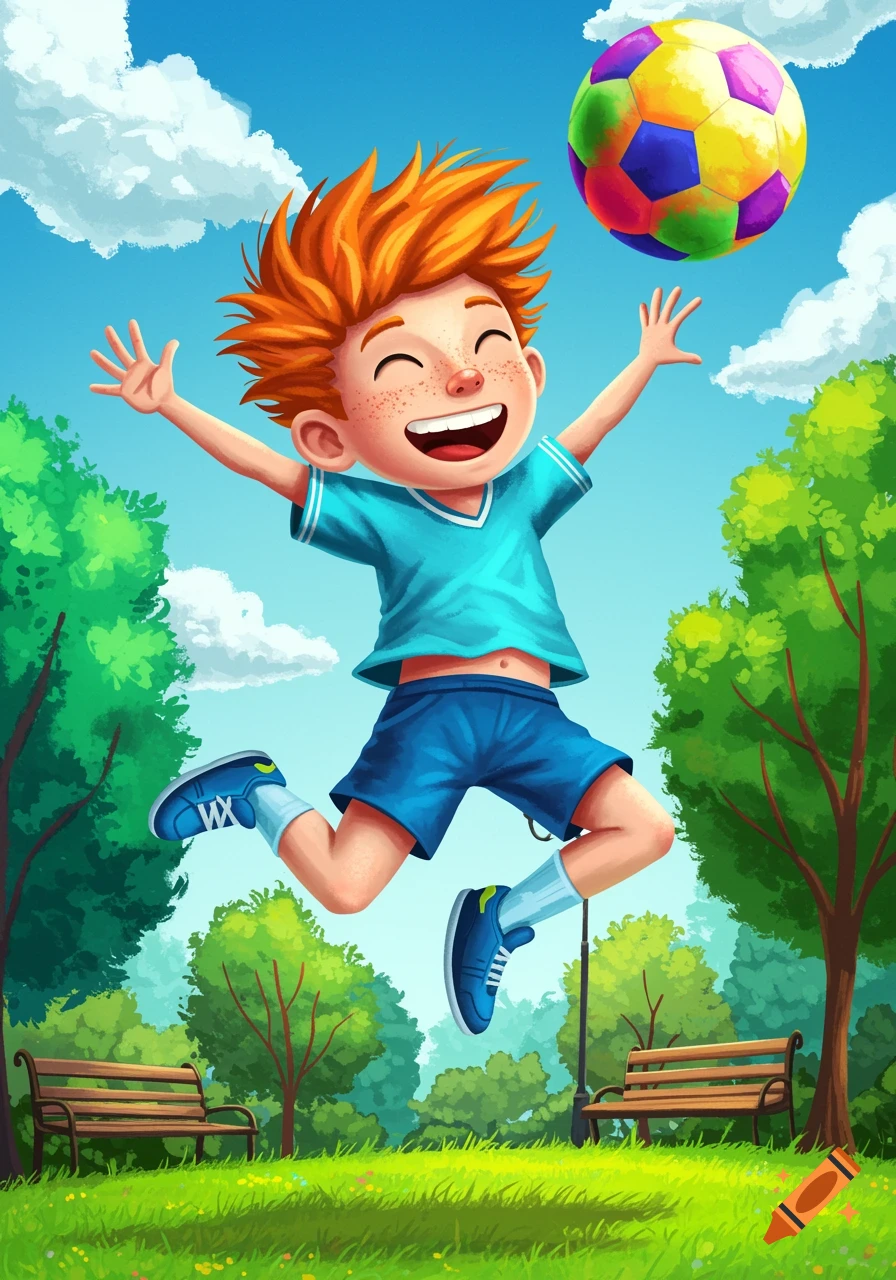 Illustration of a happy boy jumping for a colorful soccer ball in a sunny park