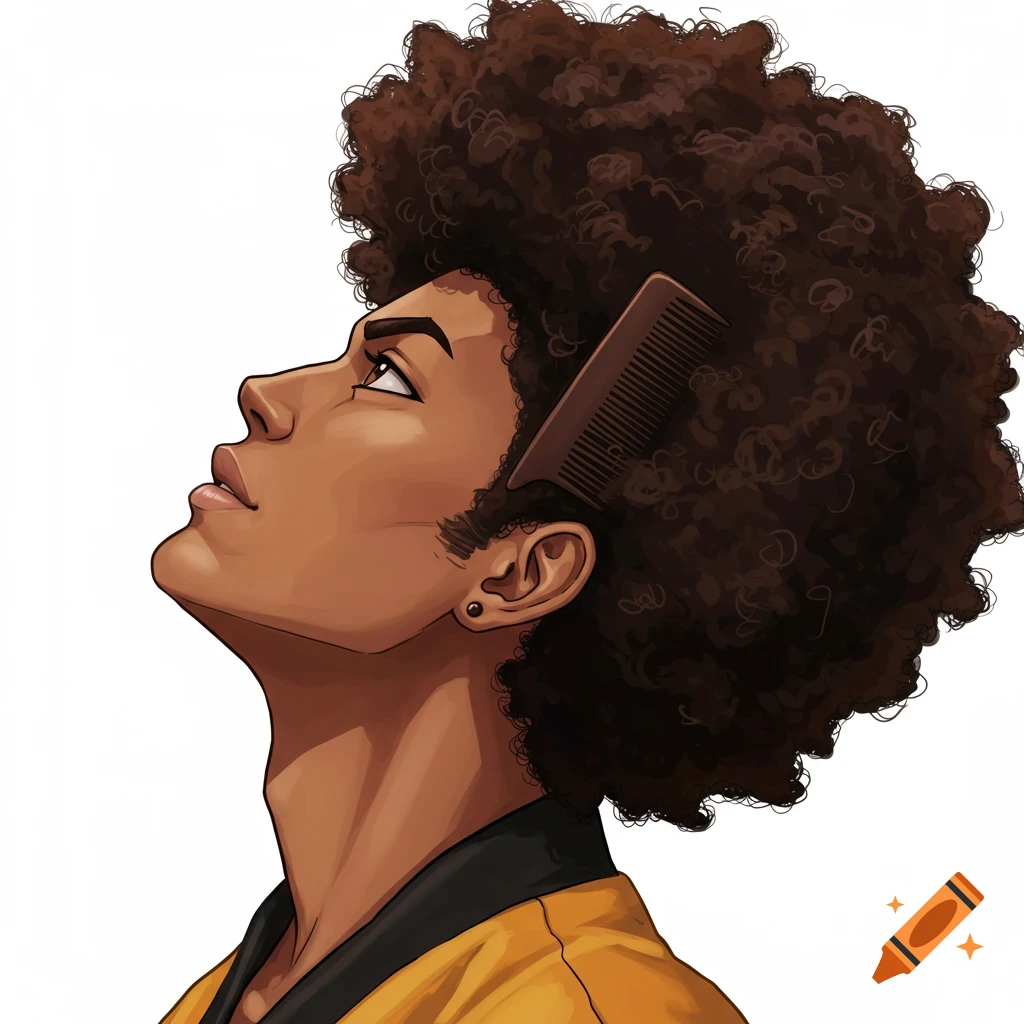 Anime character with brown skin and afro, looking up with a comb in their hair, side profile.