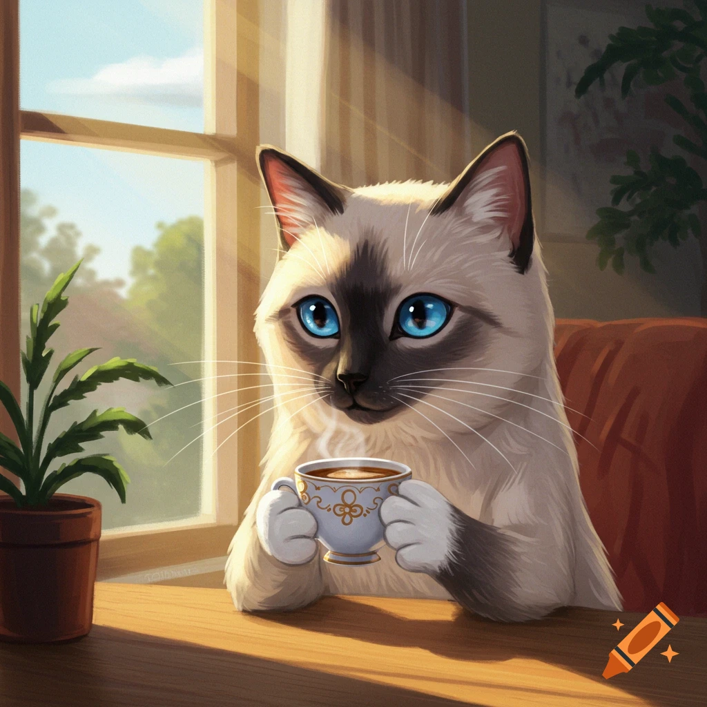 Illustration of a Siamese cat drinking coffee while sitting by a sunny window