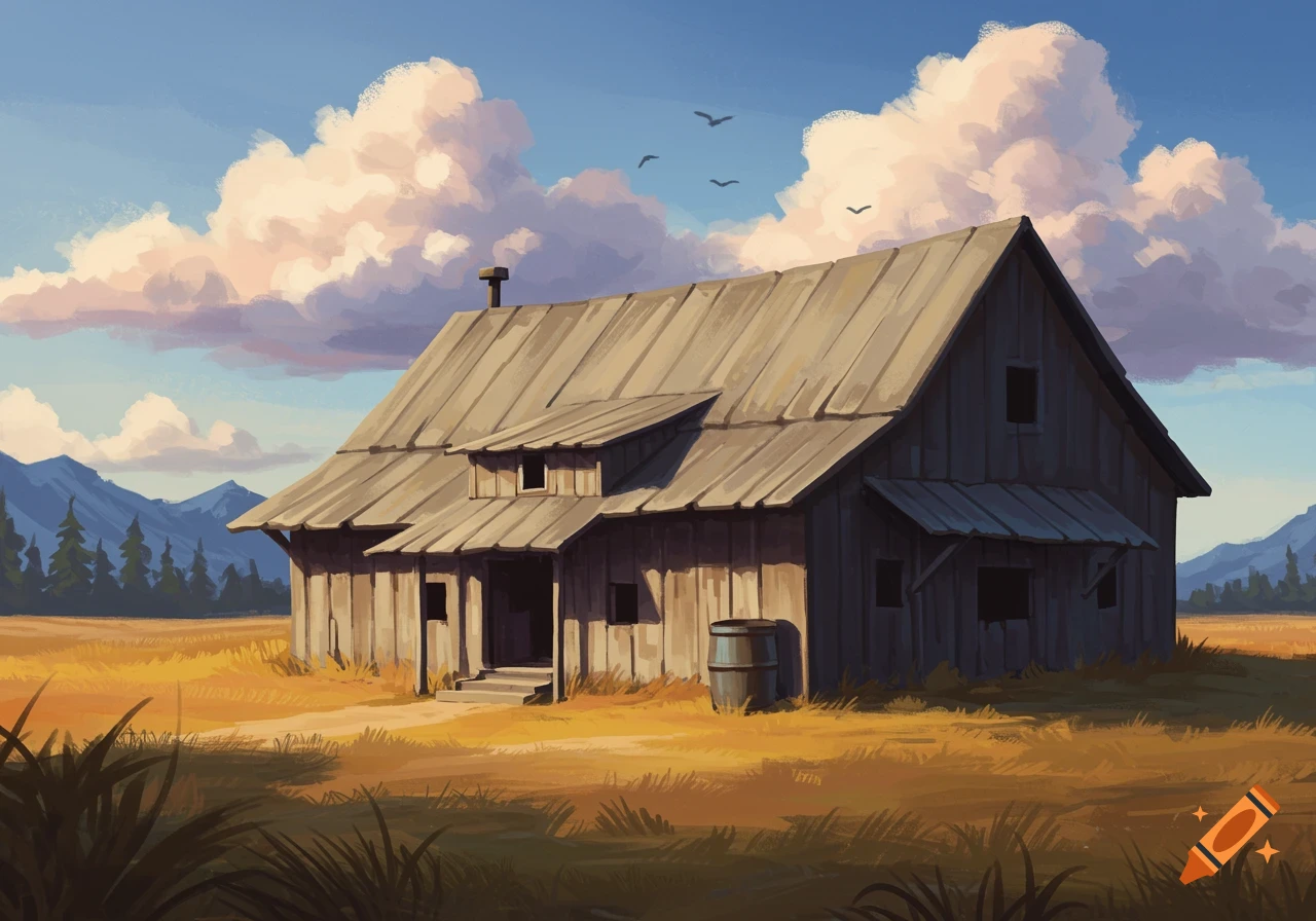 Digital painting of a rustic barn in a field with mountains
