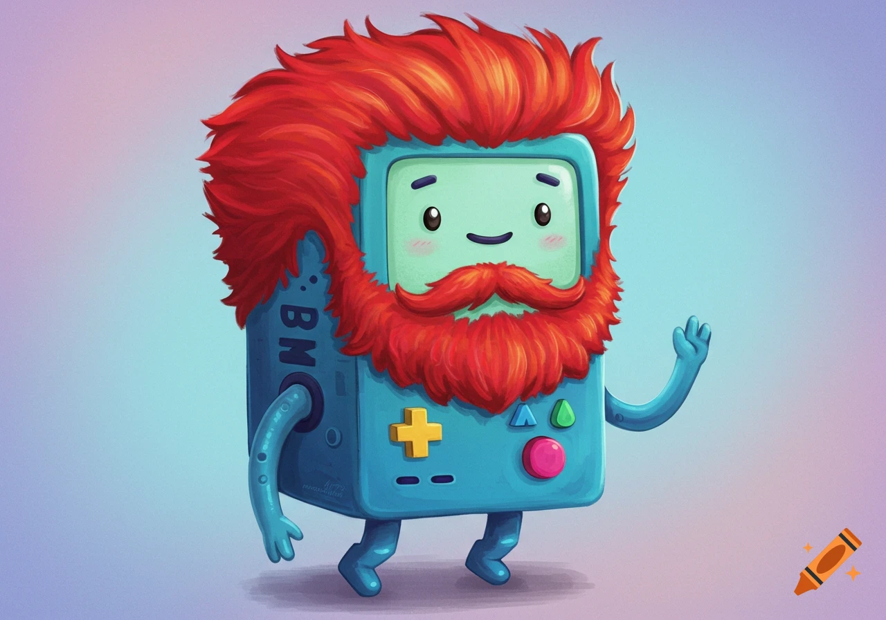 Digital illustration of BMO from Adventure Time with red hair and beard, waving.