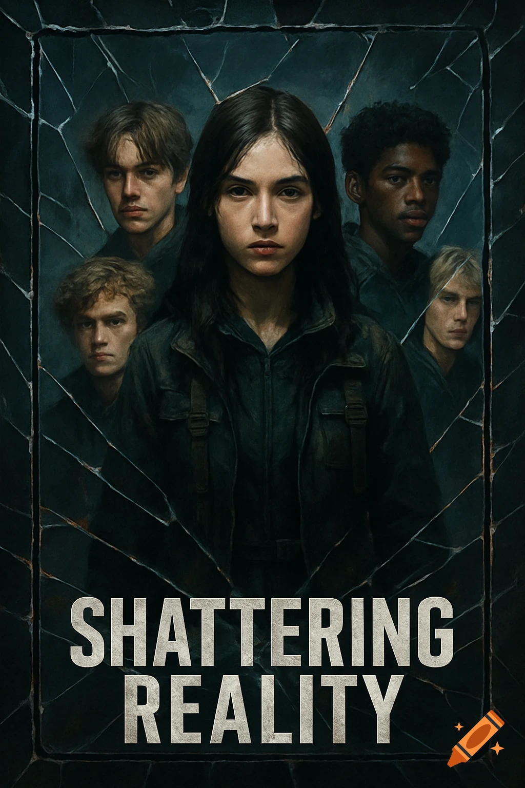 Movie poster with a group of young people seen through shattered glass, titled SHATTERING REALITY.