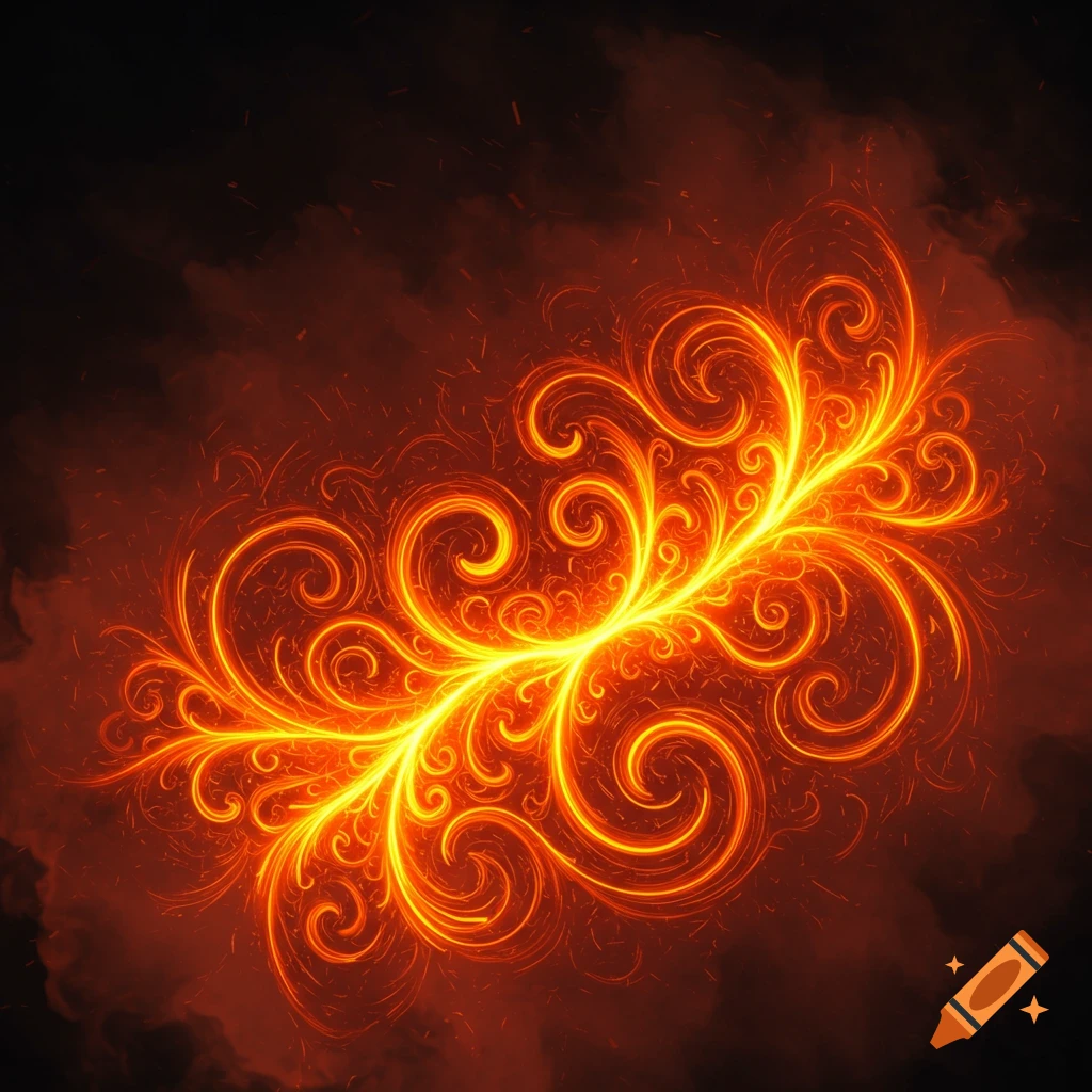 A bright glowing filigree pattern in fiery yellow and orange on a dark, smoky background with embers.