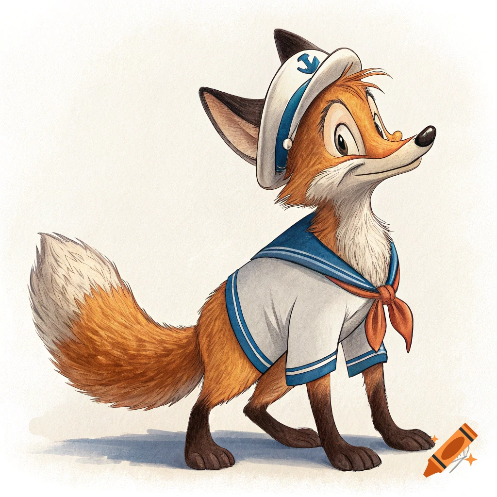 Cartoon fox wearing a white sailor hat and sailor shirt with blue trim and red tie.