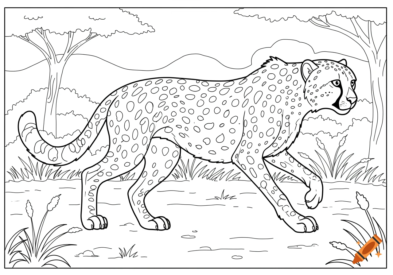 A black and white line drawing of a cheetah walking in a savanna landscape, for a coloring book.