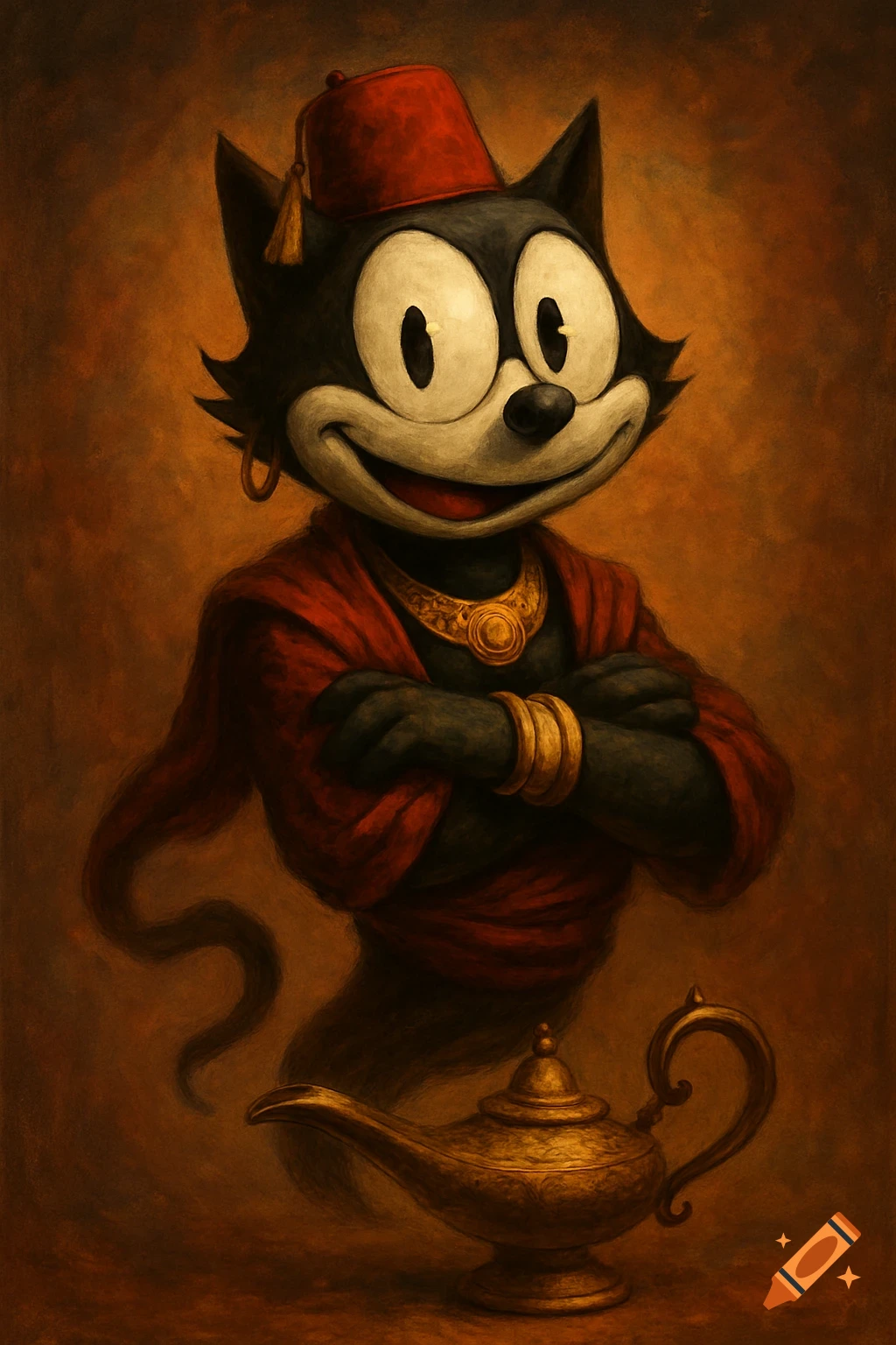 Cartoon cat dressed as a genie emerging from a lamp, painterly style.