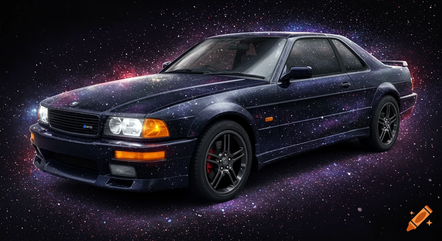 Dark car painted with galaxy pattern on a starry background