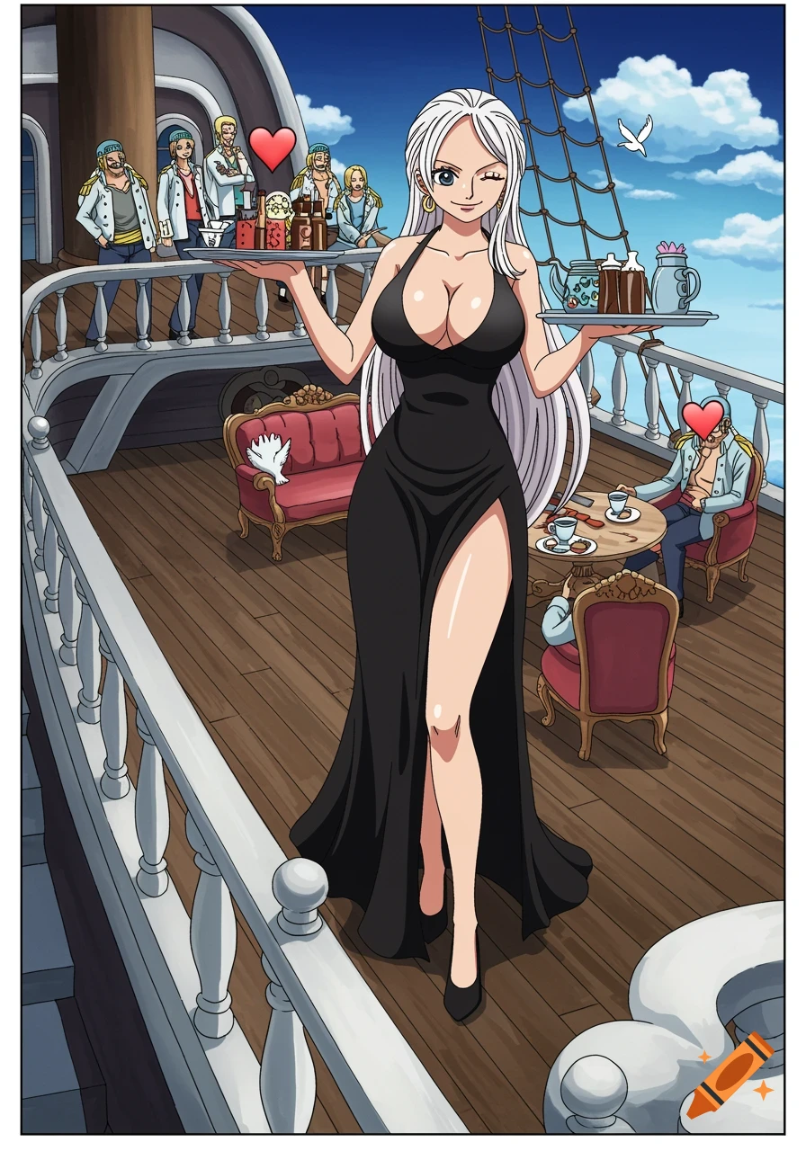 Anime style illustration of a woman in a black dress serving drinks to men on a ship deck.