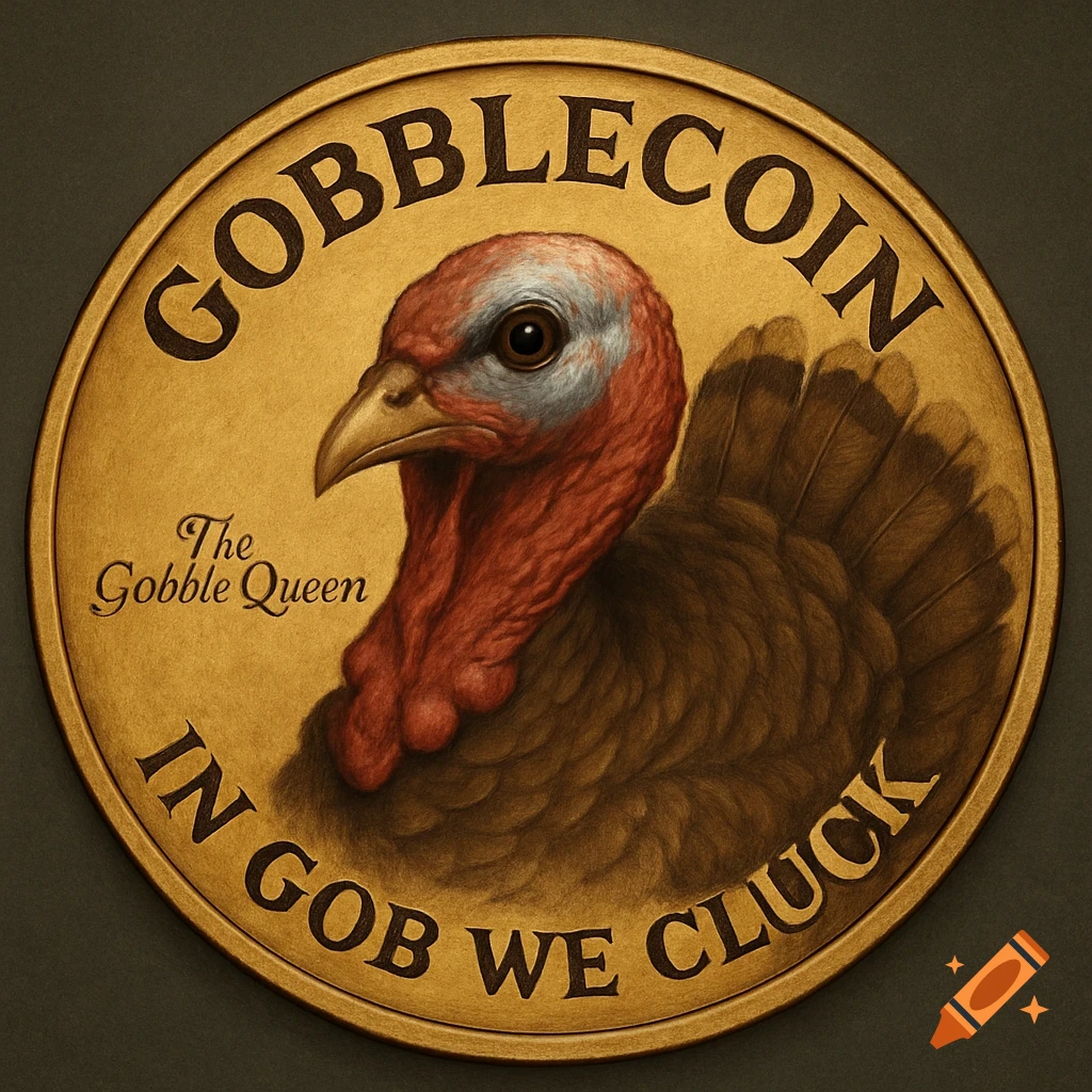 Illustration of a gold coin with a turkey head and text reading 'GOBBLECOIN' and 'IN GOB WE CLUCK'