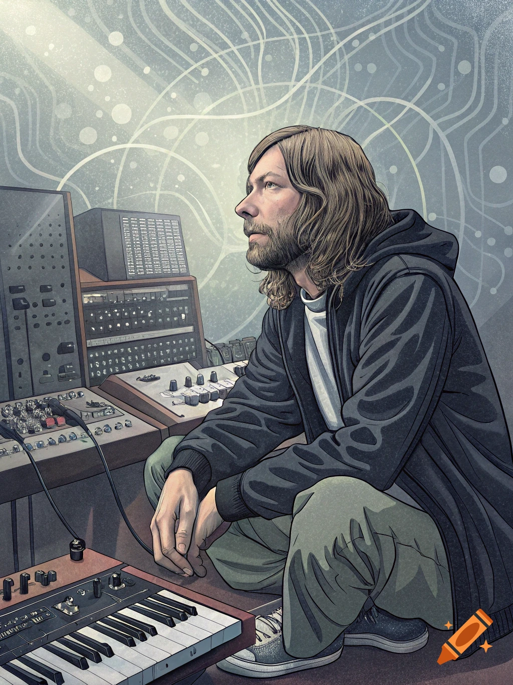 Illustration of a musician with a beard and long hair, sitting among synthesizers and music equipment in a studio.