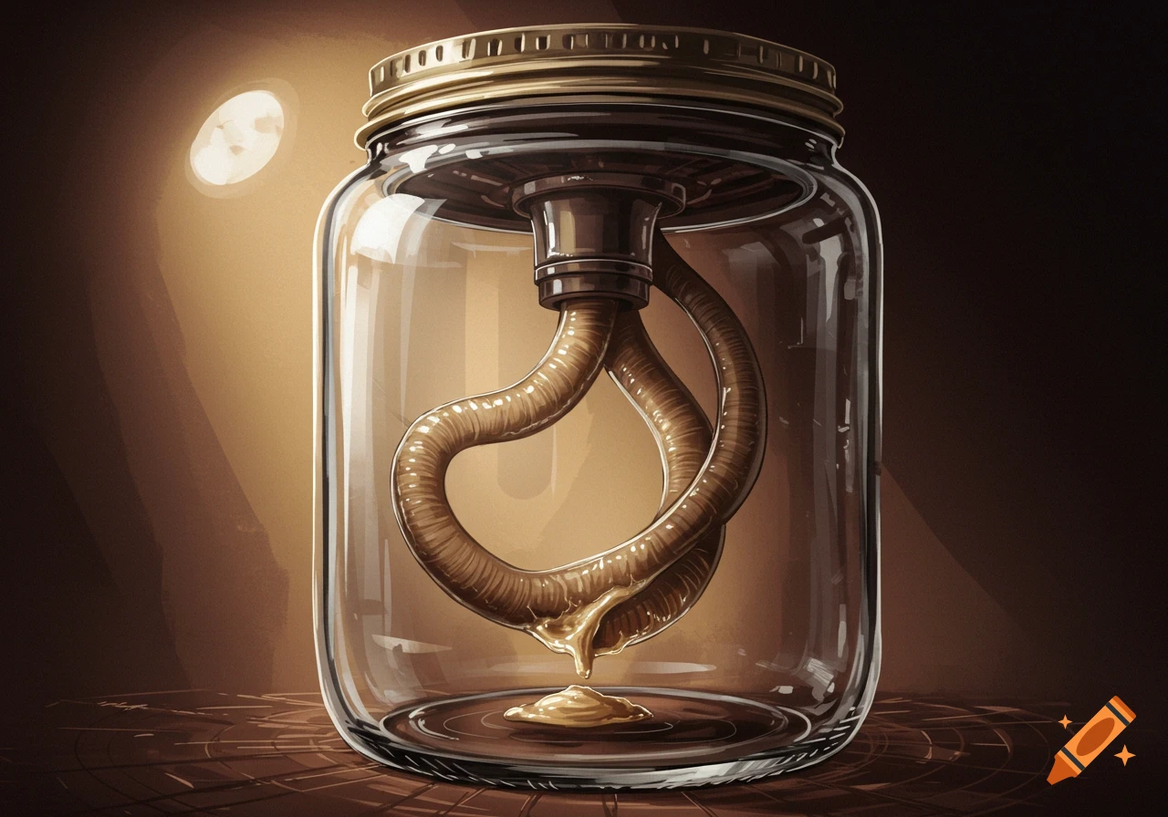 A digital painting of a glass jar containing a dripping segmented tube being pulled upwards.