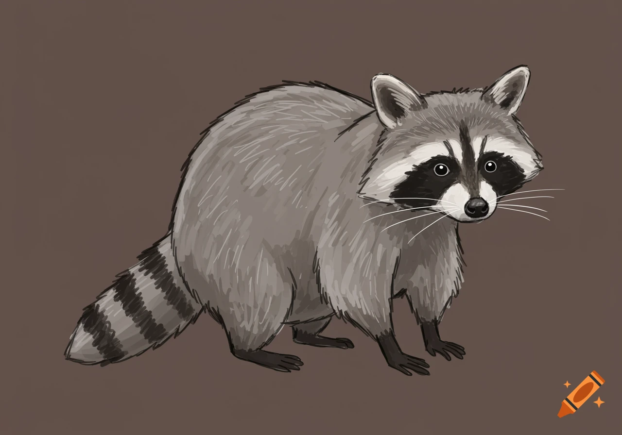 A simple drawing of a raccoon on a brown background.