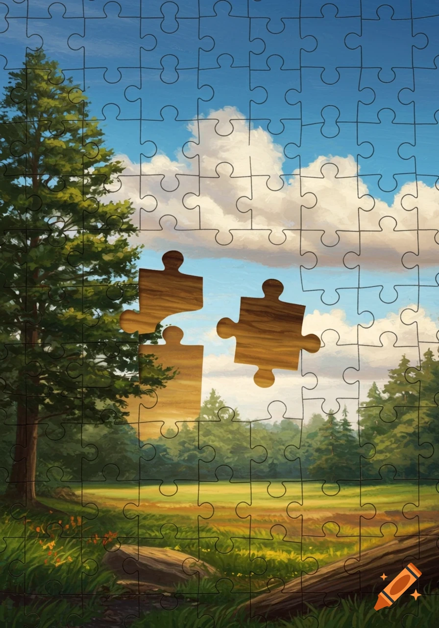 A landscape scene of trees, grass, and sky depicted as a jigsaw puzzle with several pieces missing.