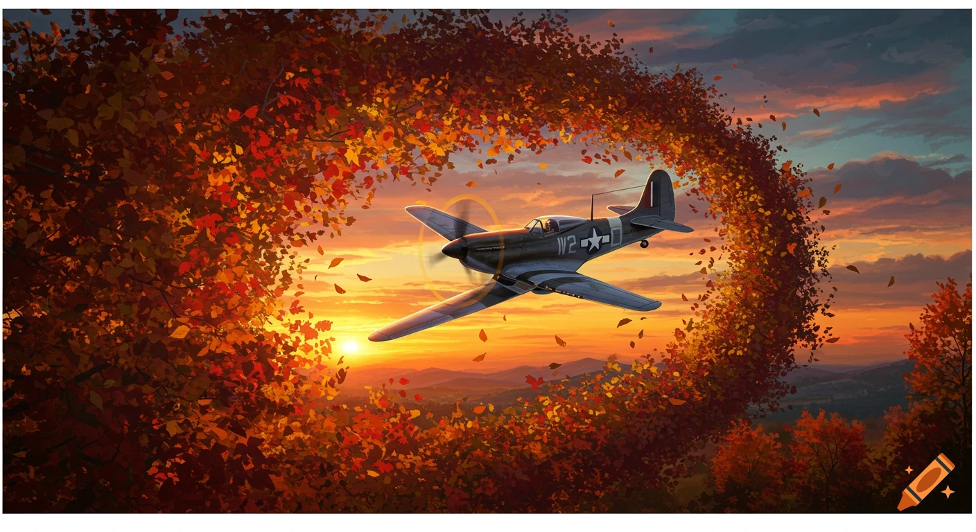 An illustrated depiction of a WWII-era airplane flying through an archway of vibrant autumn leaves at sunset over a landscape.