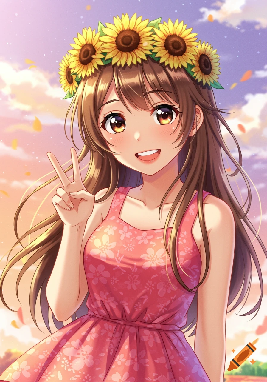 Anime girl with sunflower crown and pink dress making peace sign