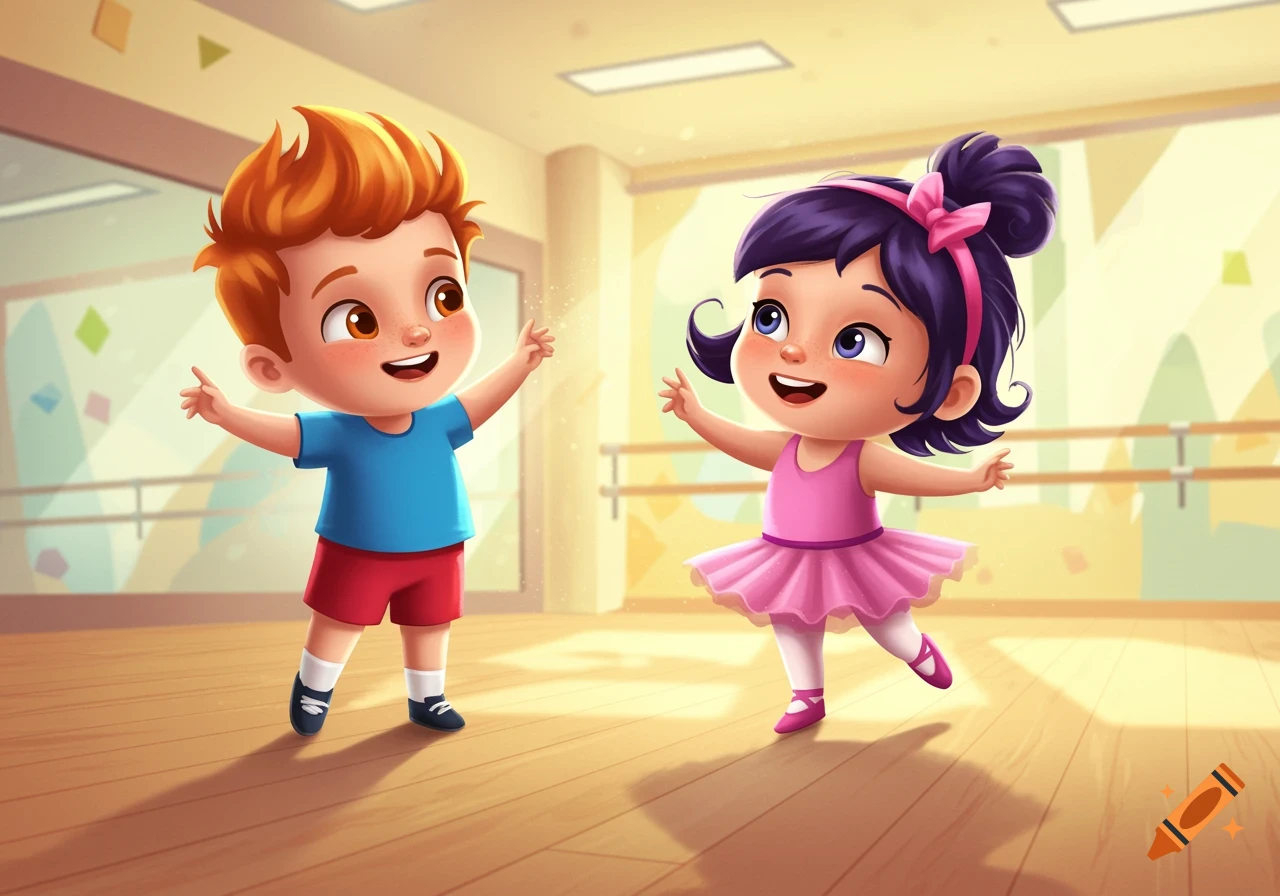 Cartoon toddlers dancing in a bright dance studio.