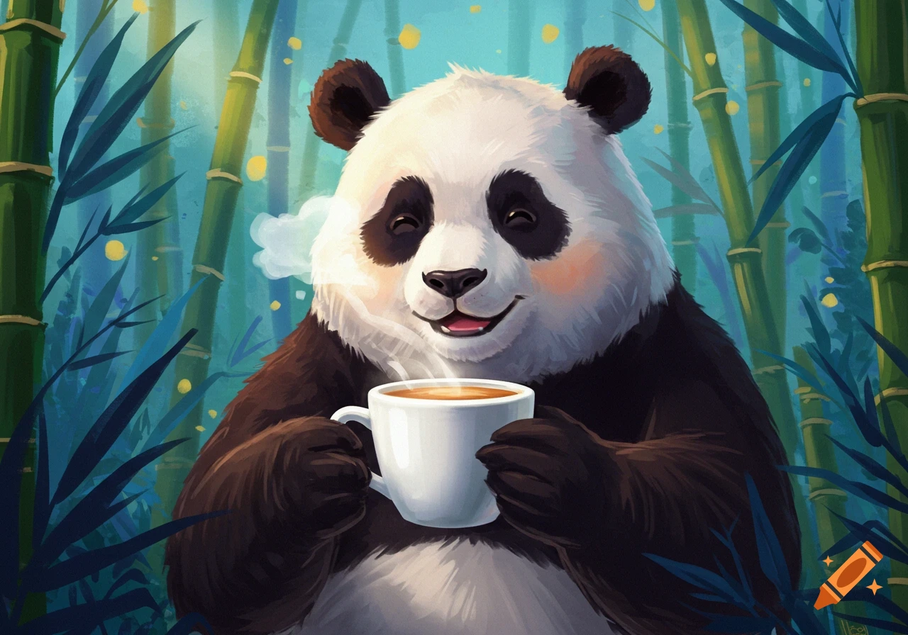 A smiling panda holds a steaming coffee cup in a bamboo forest illustration.