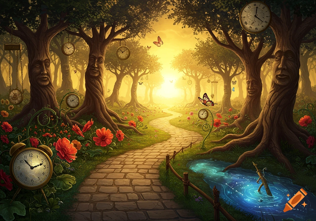 Fantasy garden path through trees with faces, clocks, flowers, and a glowing pool at sunset