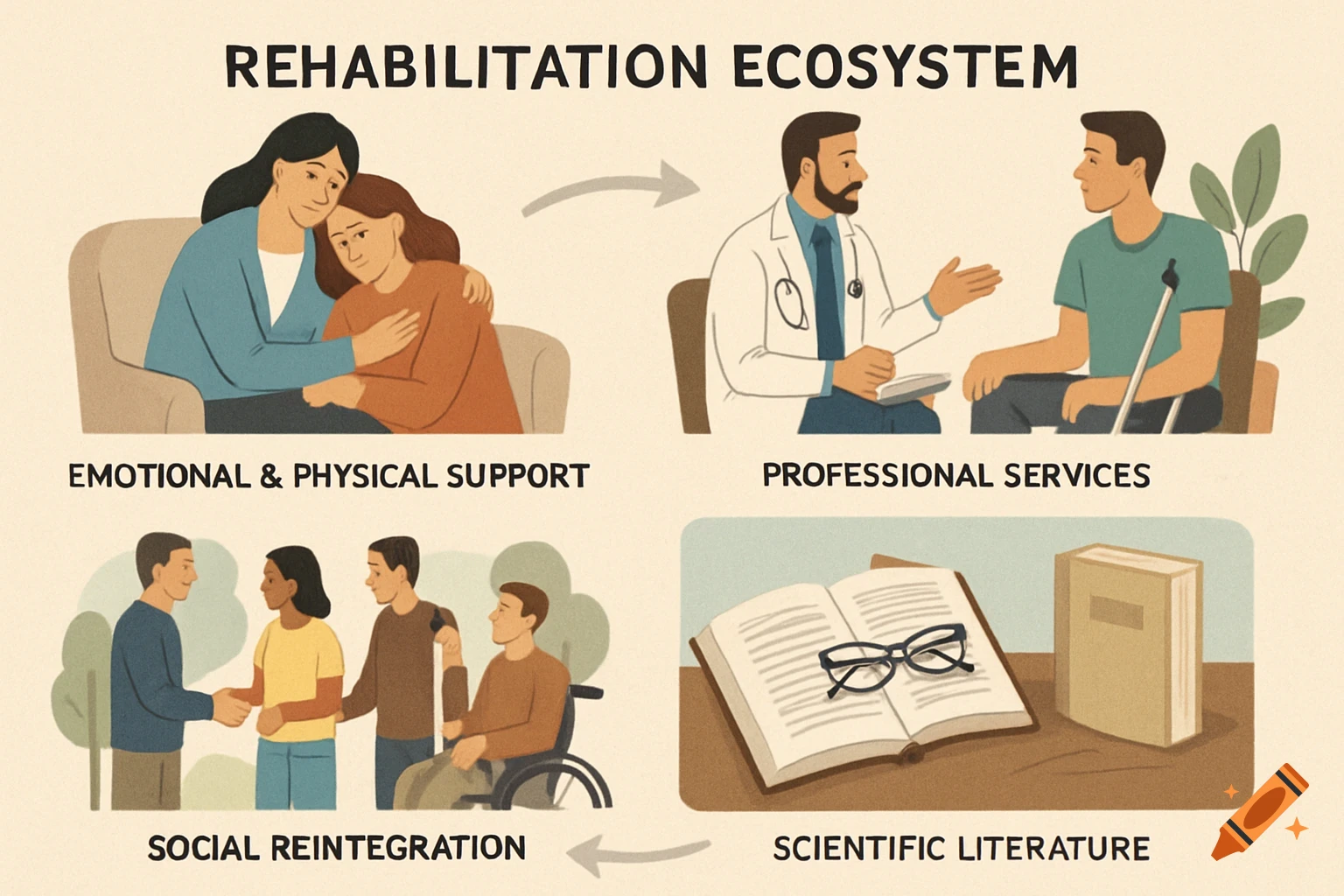 Illustration of a rehabilitation ecosystem diagram with panels for emotional support, professional services, social reintegration, and scientific literature.