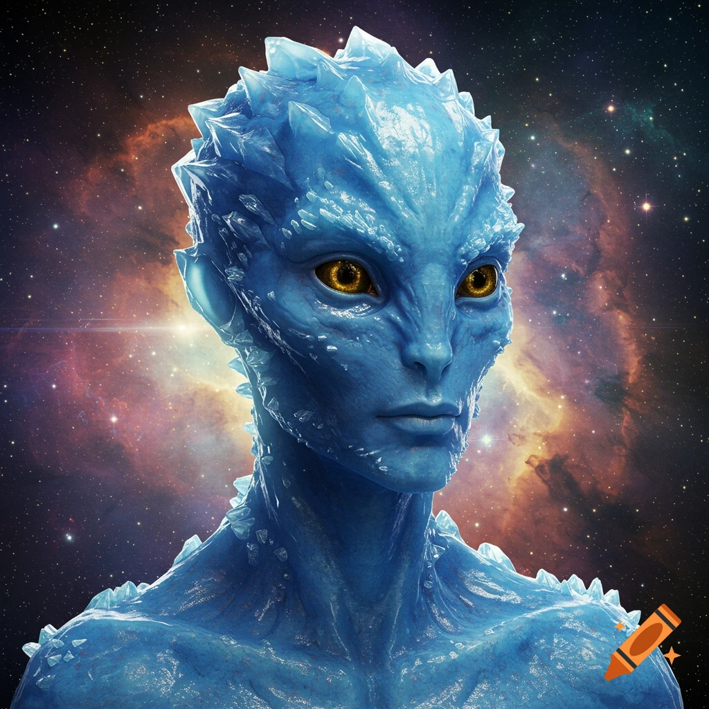 Close-up portrait of a blue alien with crystal skin and yellow eyes, set against a space background.