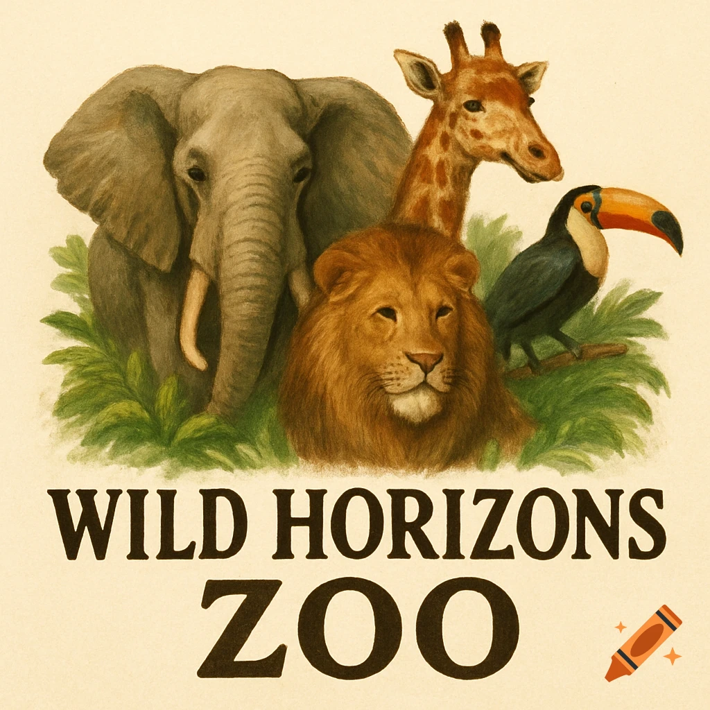 Illustration of an elephant, lion, giraffe, and toucan with the text WILD HORIZONS ZOO.