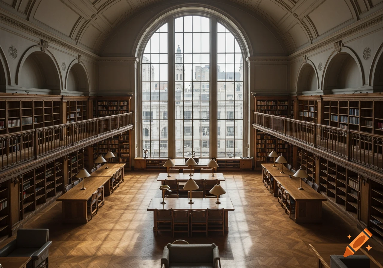 Grand library interior with tall bookshelves, reading tables, and a large arched window.