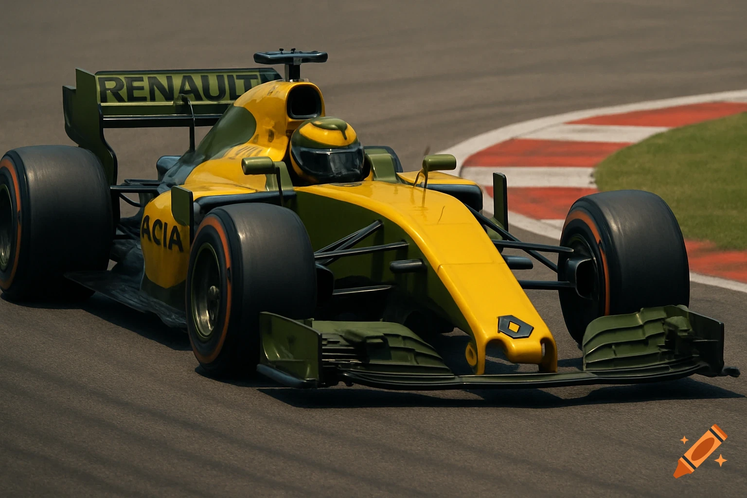 A yellow and green Formula One car races on a track