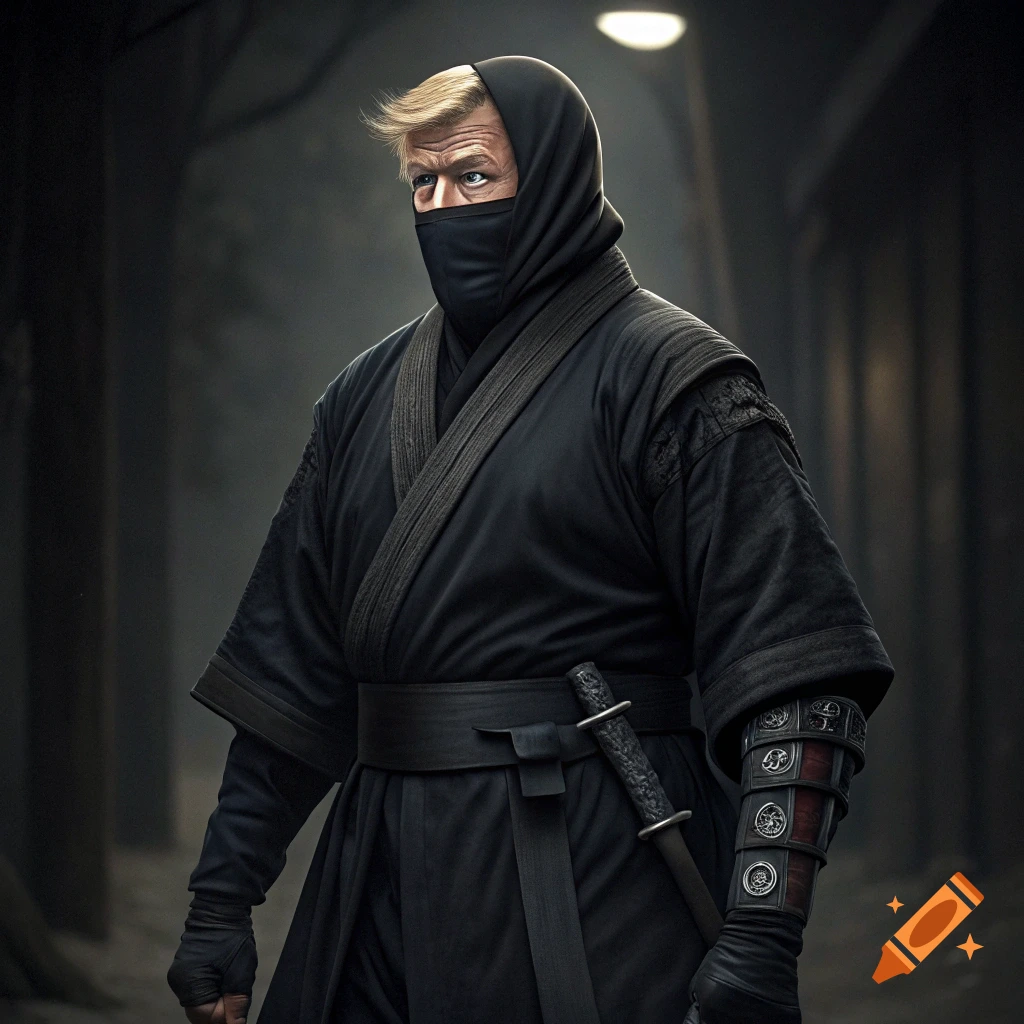 A man resembling Donald Trump wears a black ninja outfit in a dark alley.