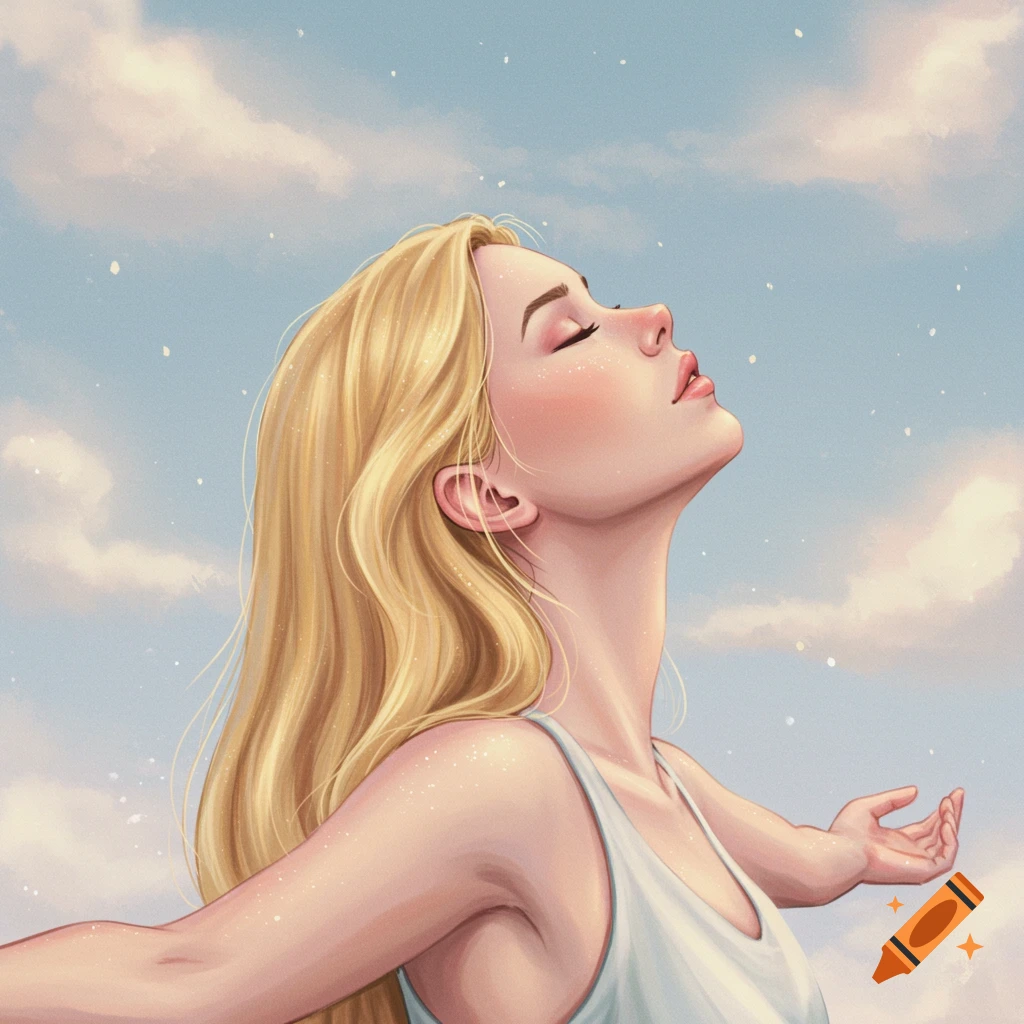 Digital painting of a blonde woman looking up at clouds with arms spread