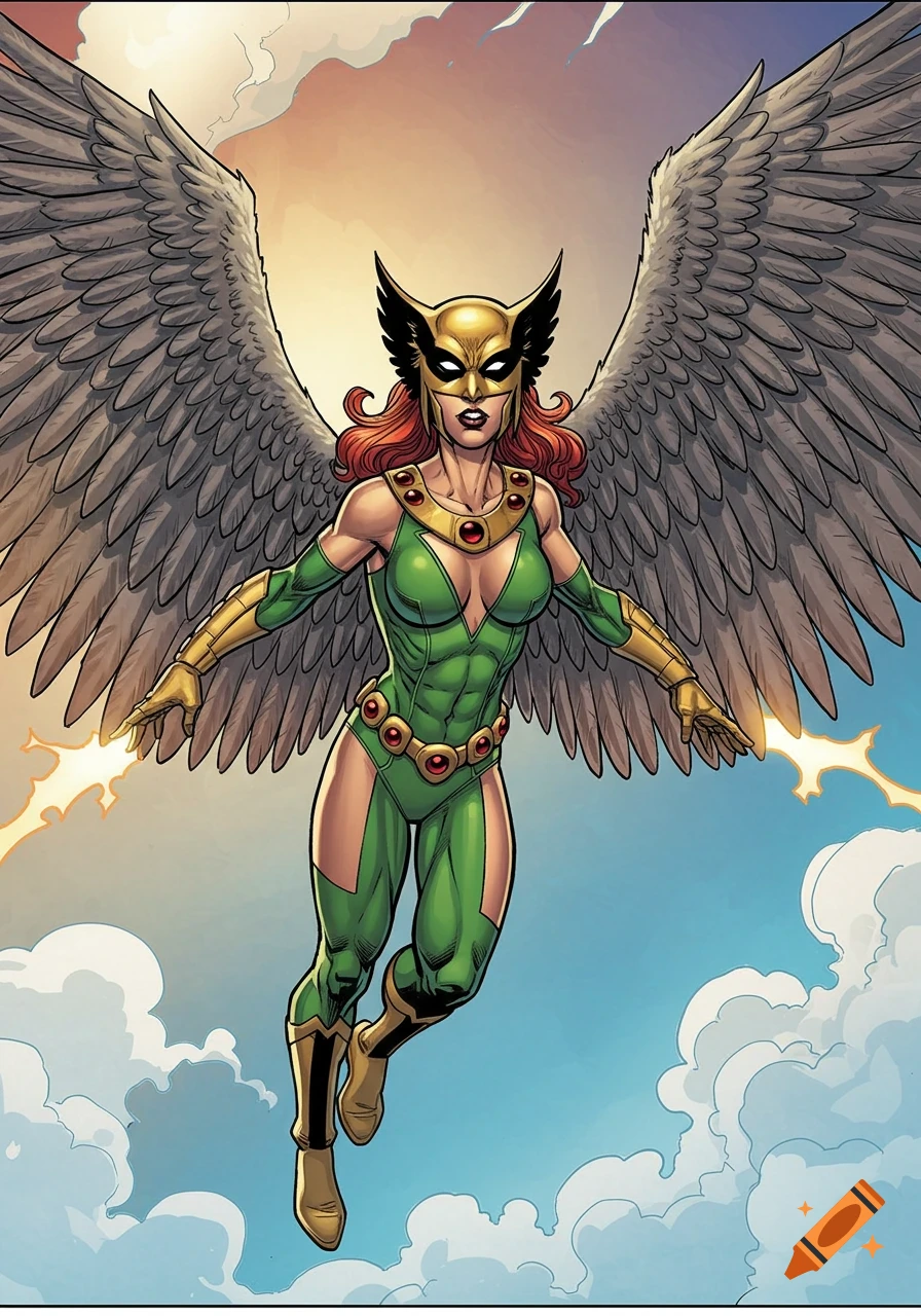 Hawkgirl, a female superhero with large wings and a green costume, flies through a cloudy sky in comic art style.