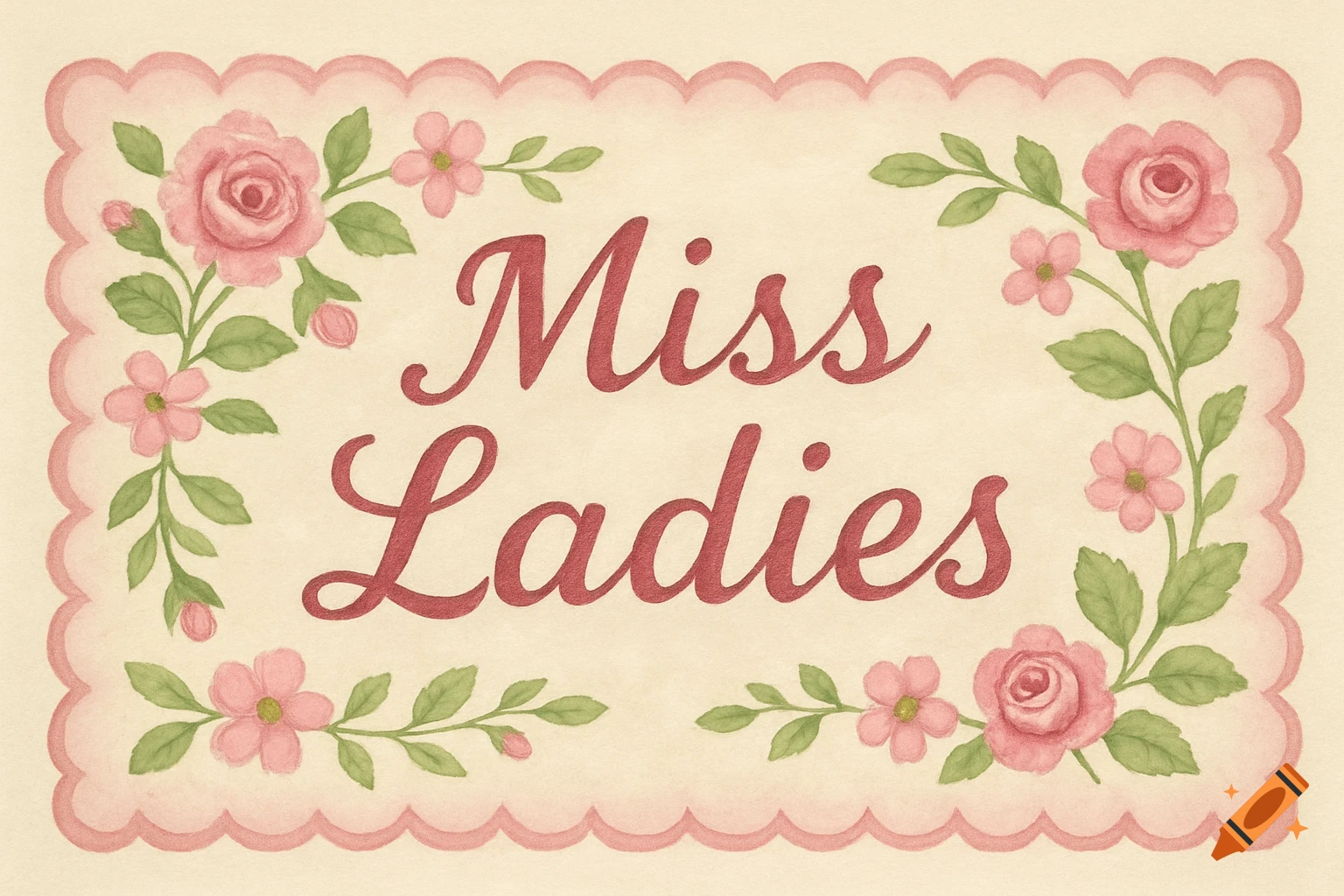Watercolor banner with pink flowers and the text Miss Ladies.