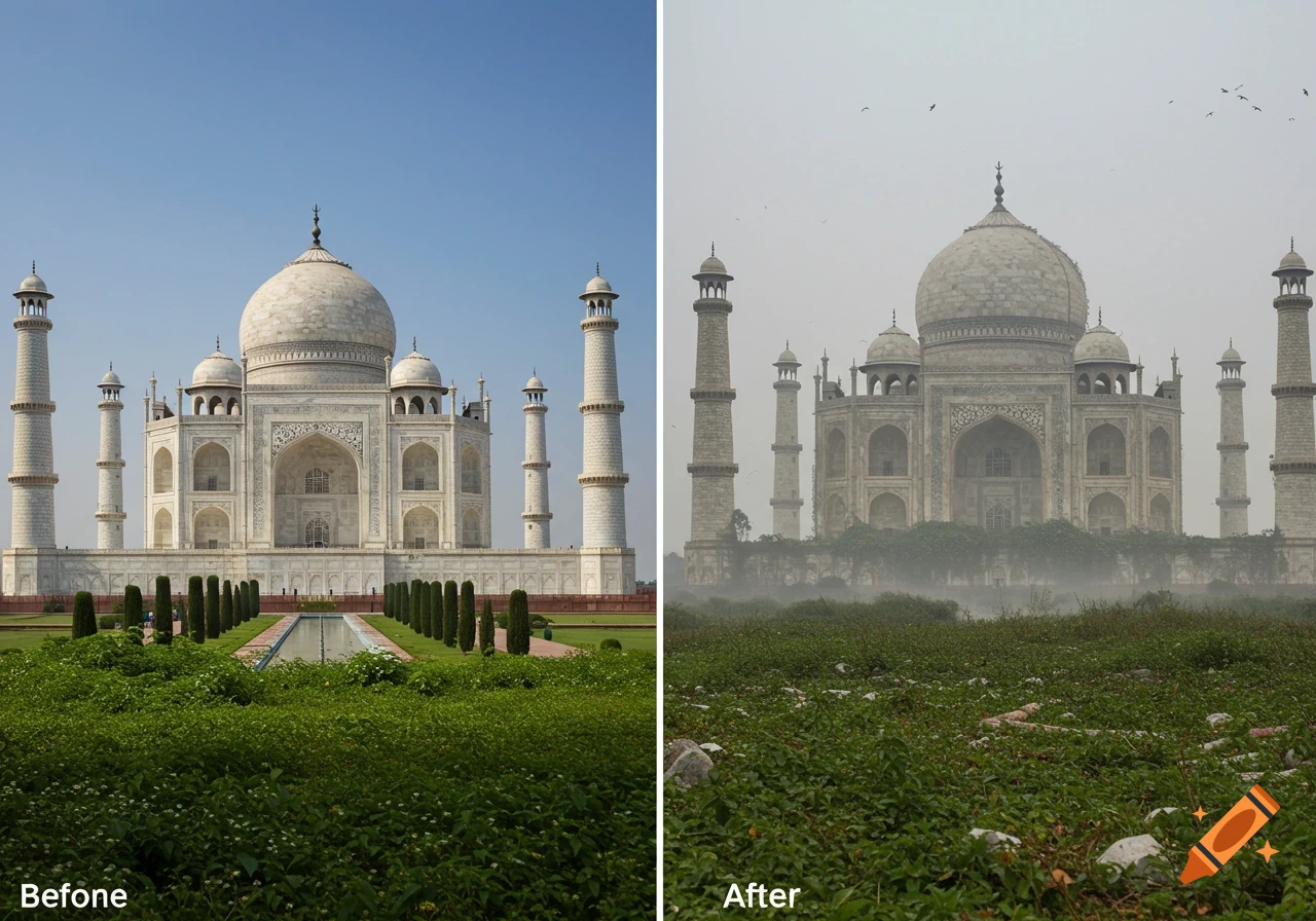 Split image shows the Taj Mahal, pristine on left, decayed with weeds and haze on right.