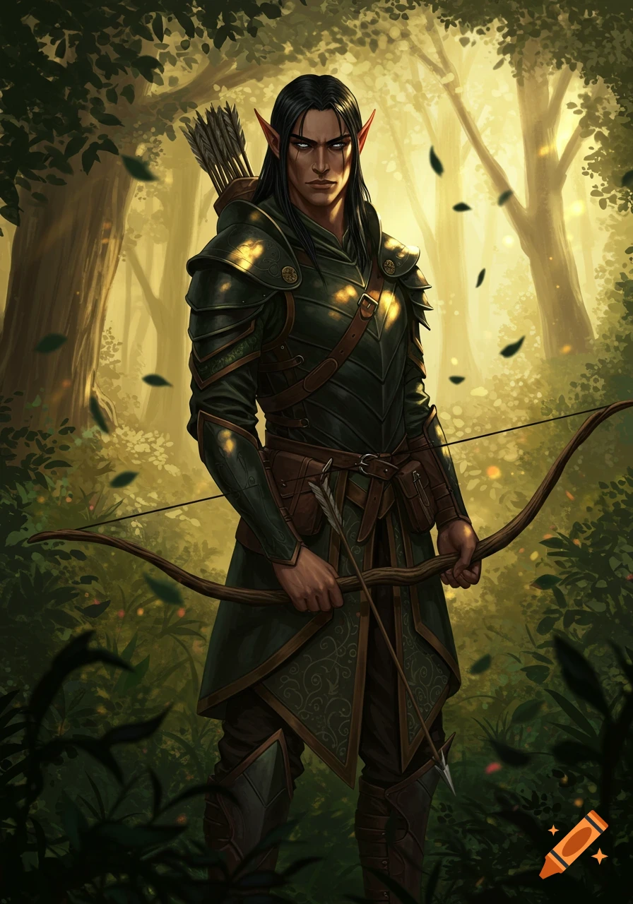 Digital painting of a male wood elf archer in armor in a forest.