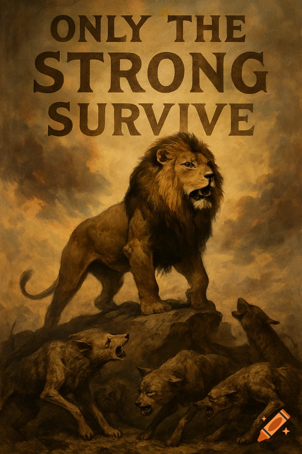 A dramatic painting of a lion standing on a rock above wolves with the text 'ONLY THE STRONG SURVIVE'.